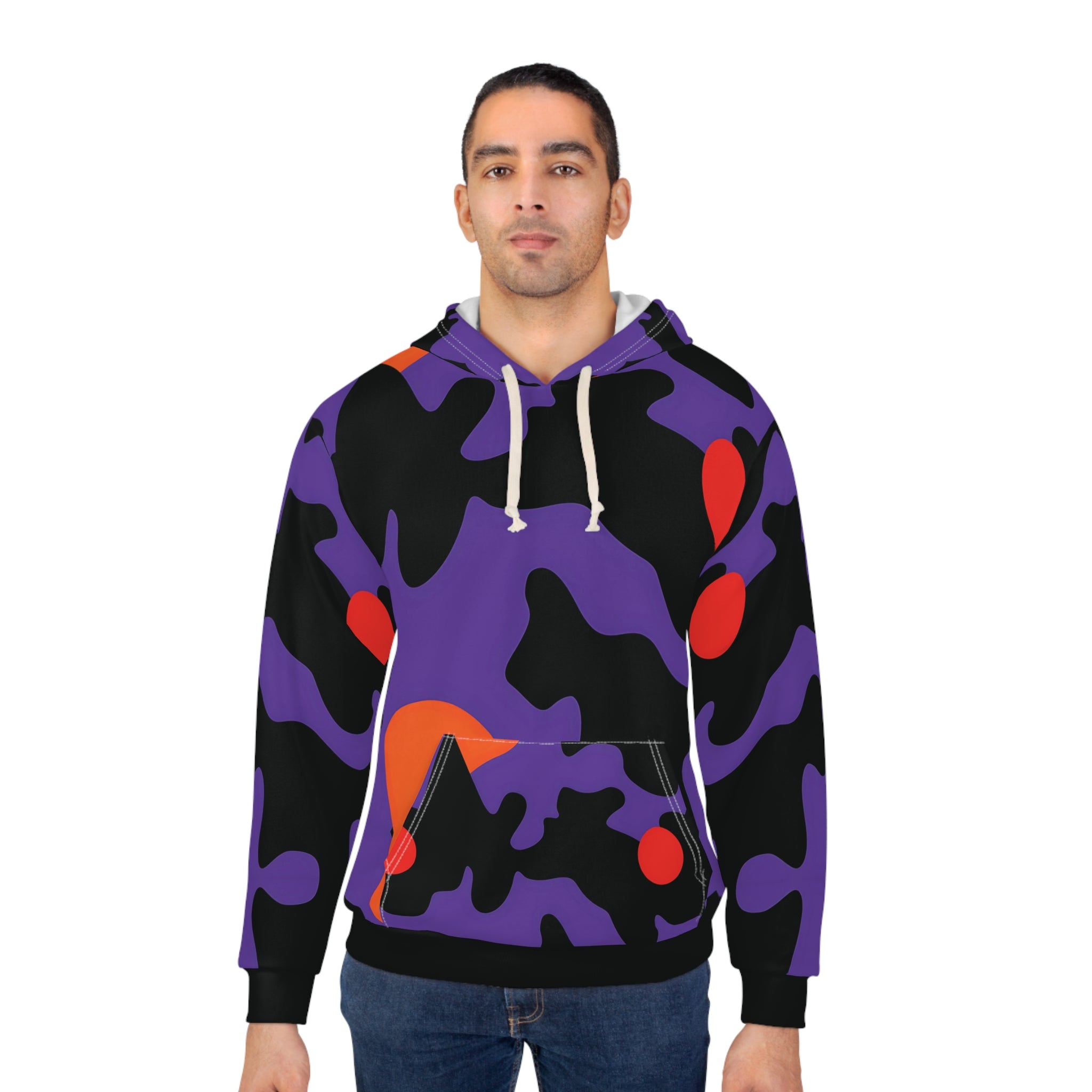 Soft Vibrant Abstract Camo Unisex Hoodie - Royal Purple & Orange Design