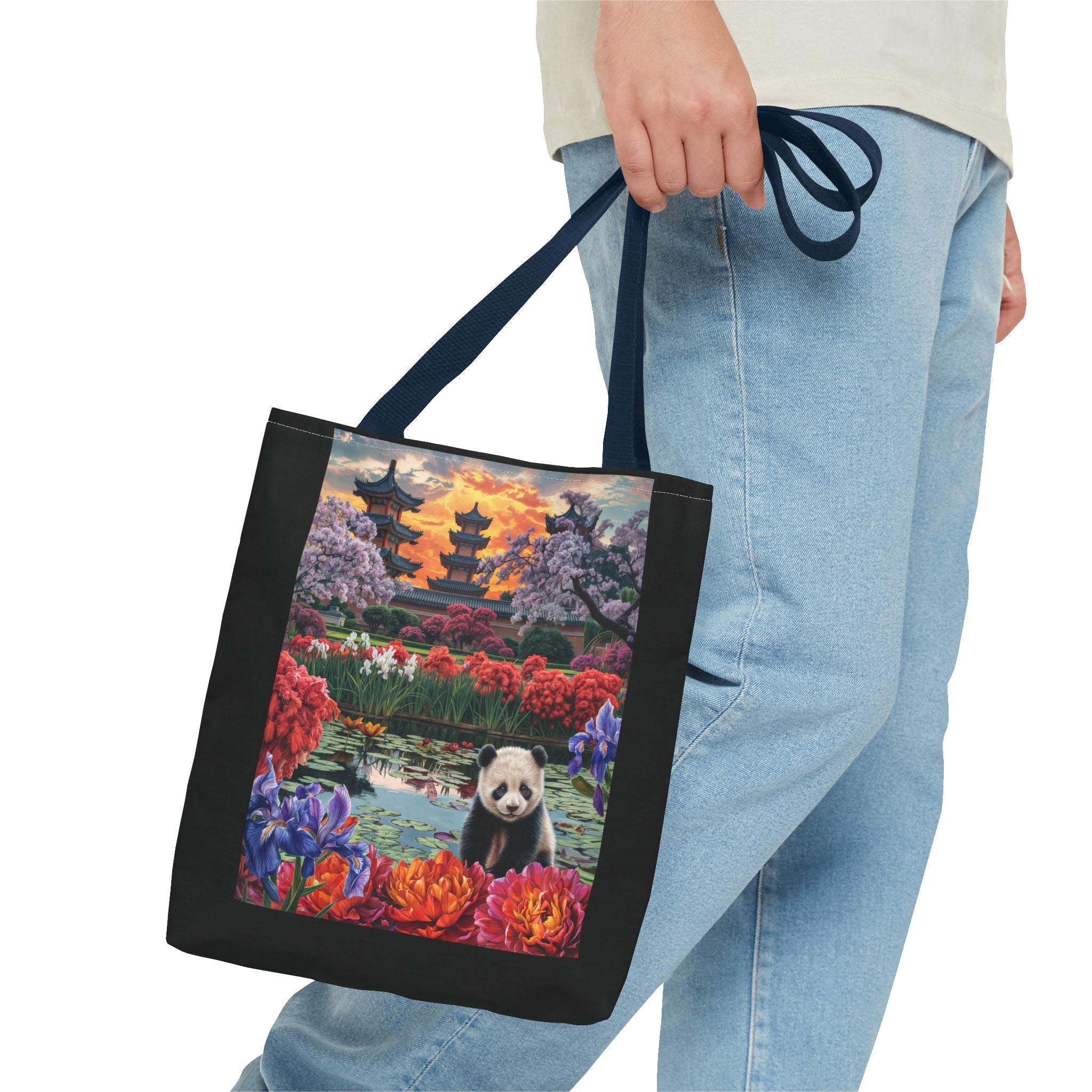 Serene Panda Tote Bag - Floral Landscape Design for Nature Lovers