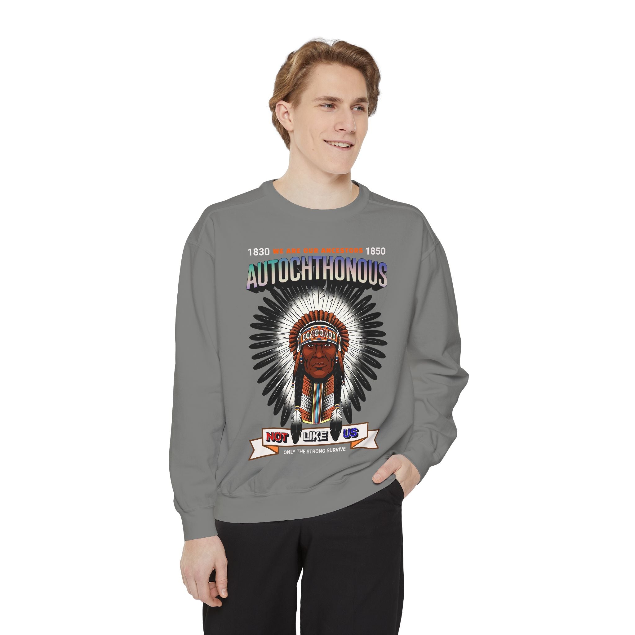 Autochthonous Heritage Sweatshirt - Unisex Garment-Dyed Hoodie with Indigenous Design