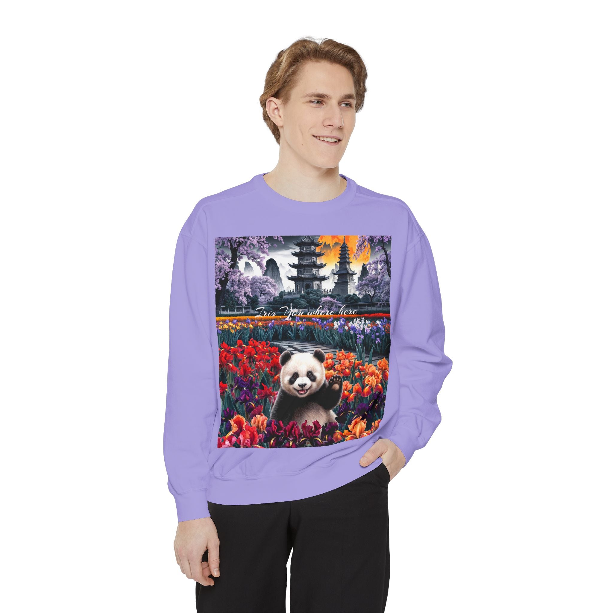 Whimsical Panda Sweatshirt - Cozy Unisex Garment-Dyed Pullover with Floral Design