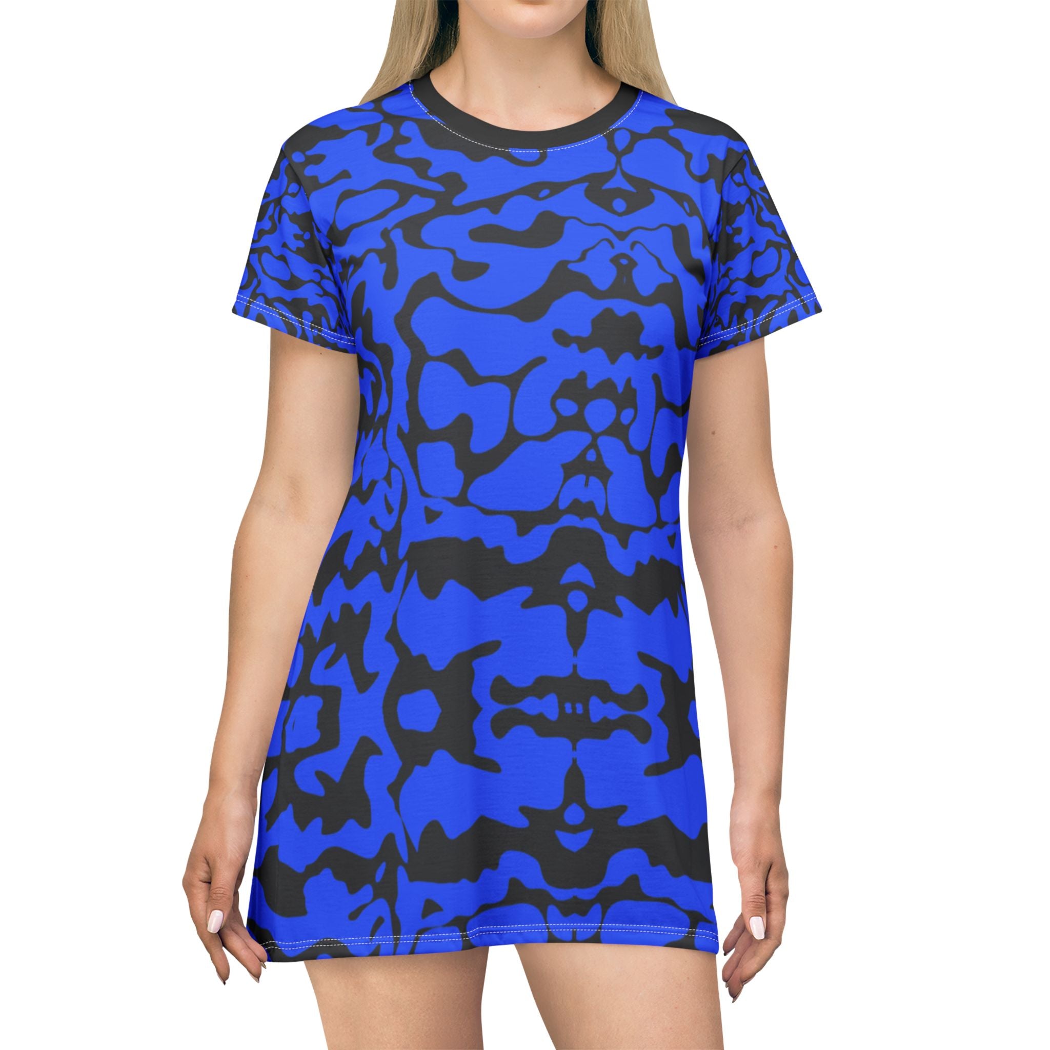 Chic Blue Camouflage T-Shirt Dress with Red Heart Detail