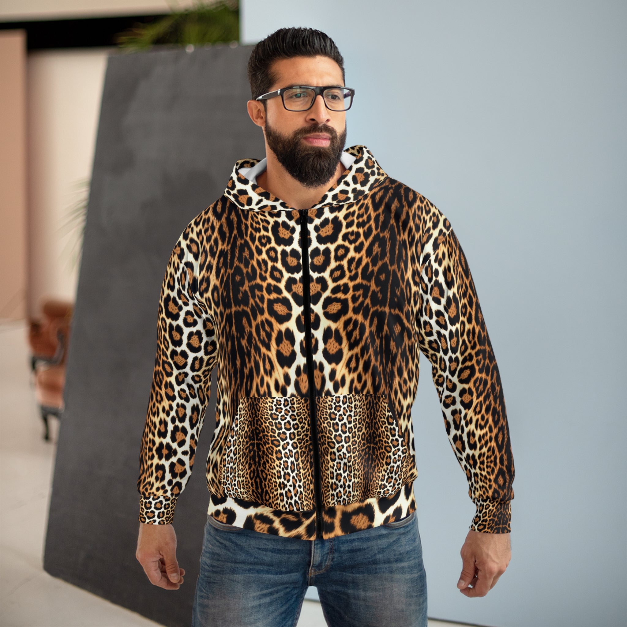 Wildlife Lover's Unisex Zip Hoodie - Leopard Print with Cub Design - Angel Body