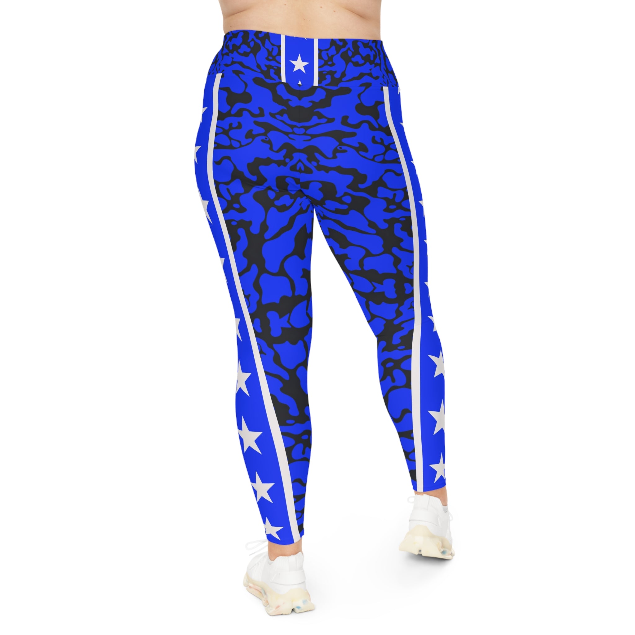 Woman Bold Blue Star Print Plus Size Leggings for Active Lifestyle