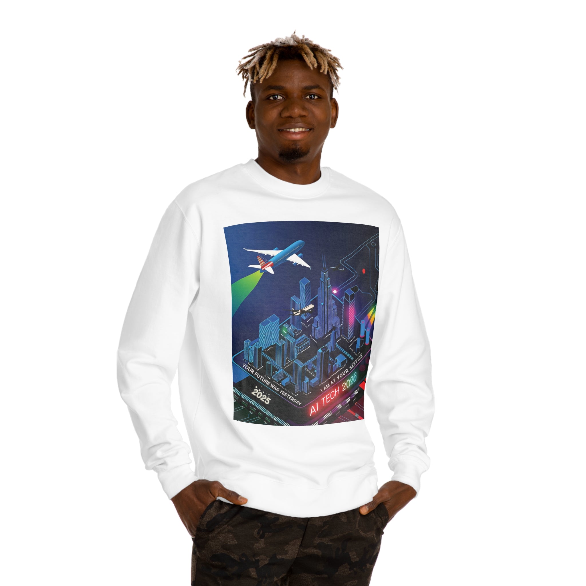 AI Tech 2026 Unisex Crew Neck Sweatshirt - Futuristic Cityscape Design for Tech Enthusiasts