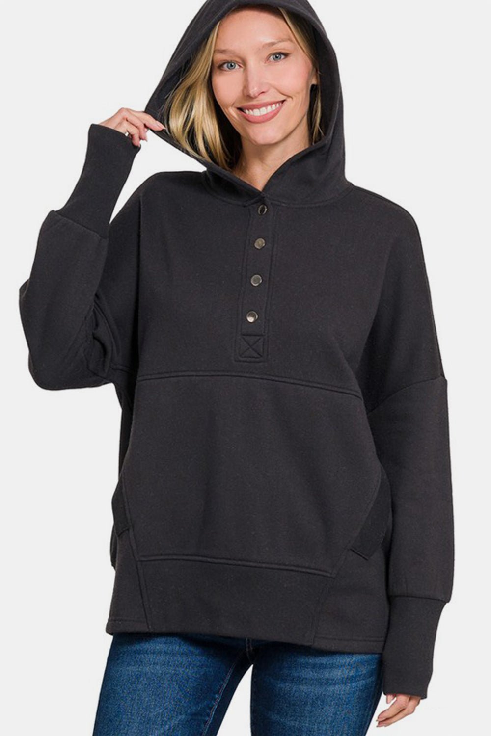 Zenana Half Snap Long Sleeve Hoodie with Kangaroo Pocket - Angel Body